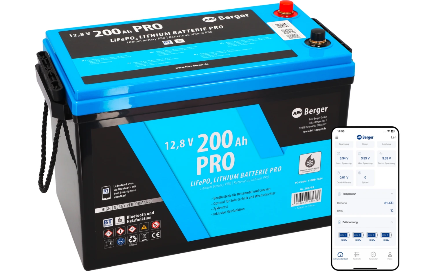 Berger LiFePO4 Lithium Batterie Pro 200 Ah 12V Mit Bluetooth & Heizung 1 Berger LiFePO4 Lithium Batterie Pro 200 Ah 12V Mit Bluetooth & Heizung