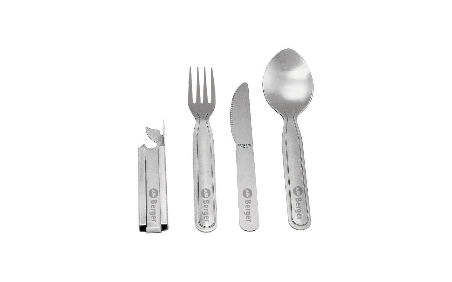 Berger Edelstahl Besteckset Im Etui Mit Dosenöffner Silber 4-tlg. 1 Berger Edelstahl Besteckset Im Etui Mit Dosenöffner Silber 4-tlg.